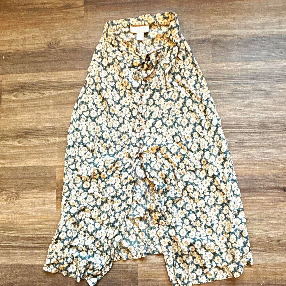 Express Women's Blue/Beige Floral A-Line Midi Skirt, Rayon Woven, Button, M